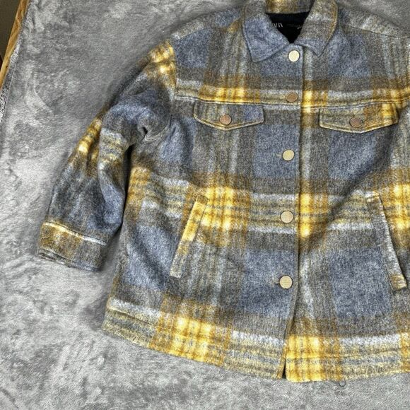 Zara Wool Blend Shirt Jacket Womens Medium Gray Yellow Oversized Button Shacket - Picture 2 of 12